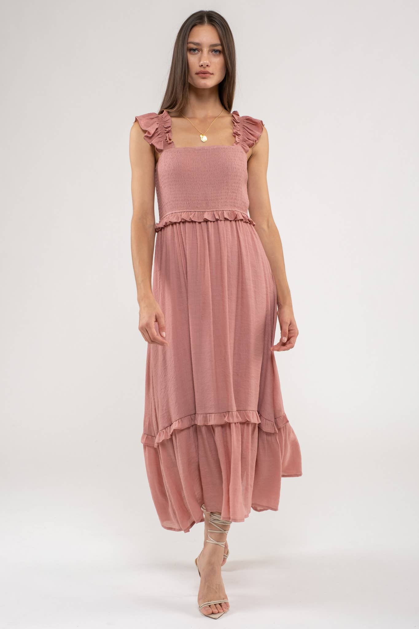 FLUTTER SLEEVE SMOCKED MIDI DRESS