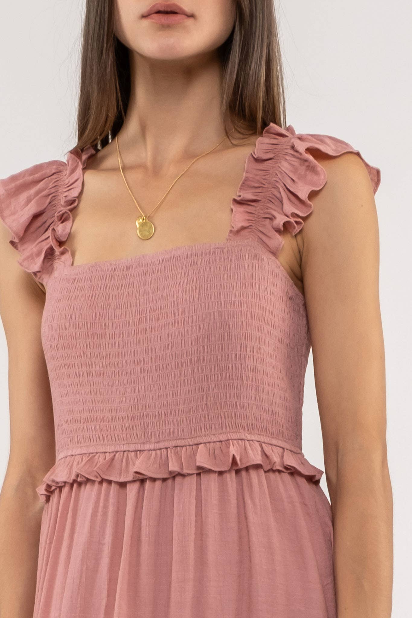 FLUTTER SLEEVE SMOCKED MIDI DRESS