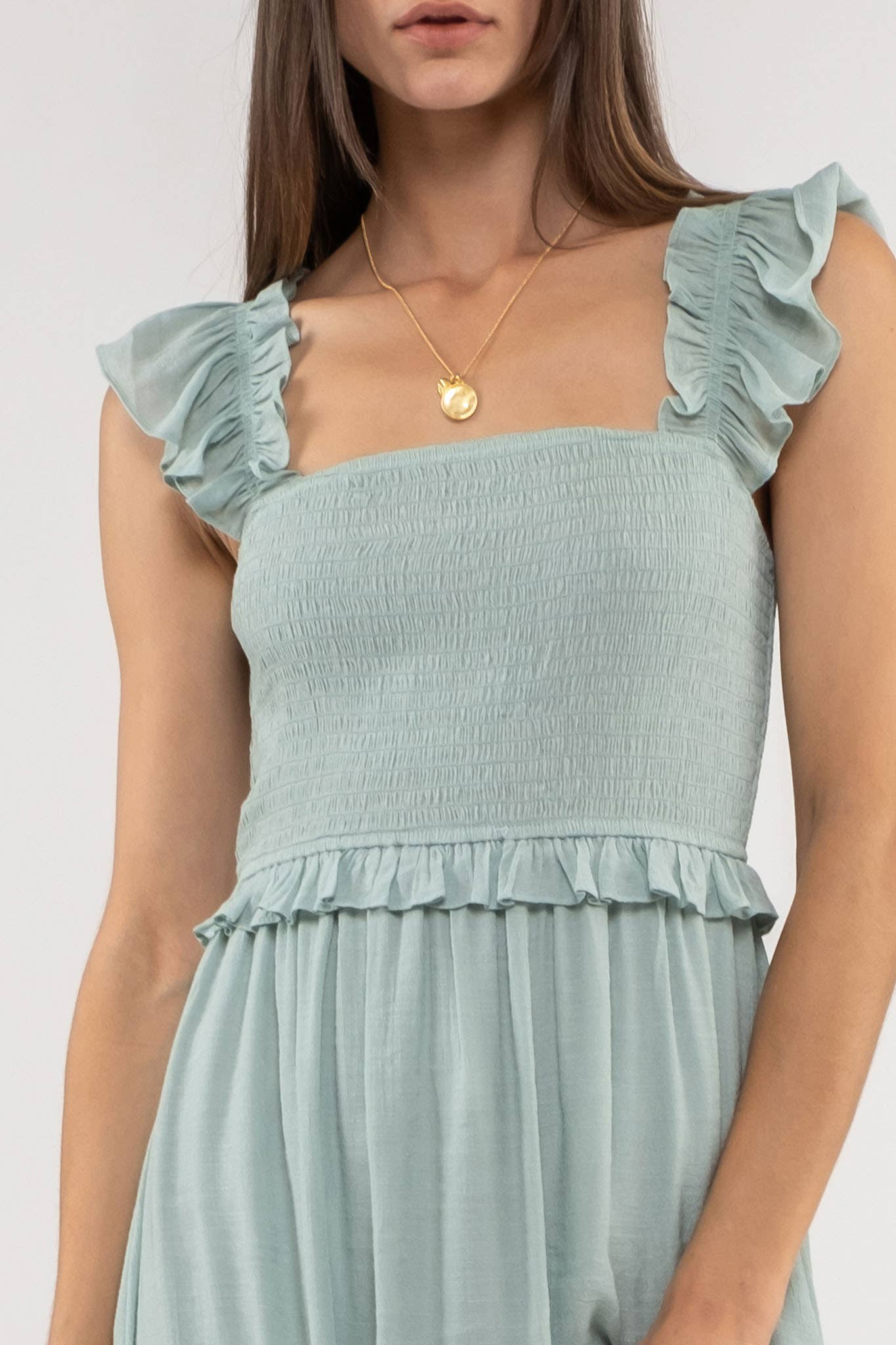 FLUTTER SLEEVE SMOCKED MIDI DRESS