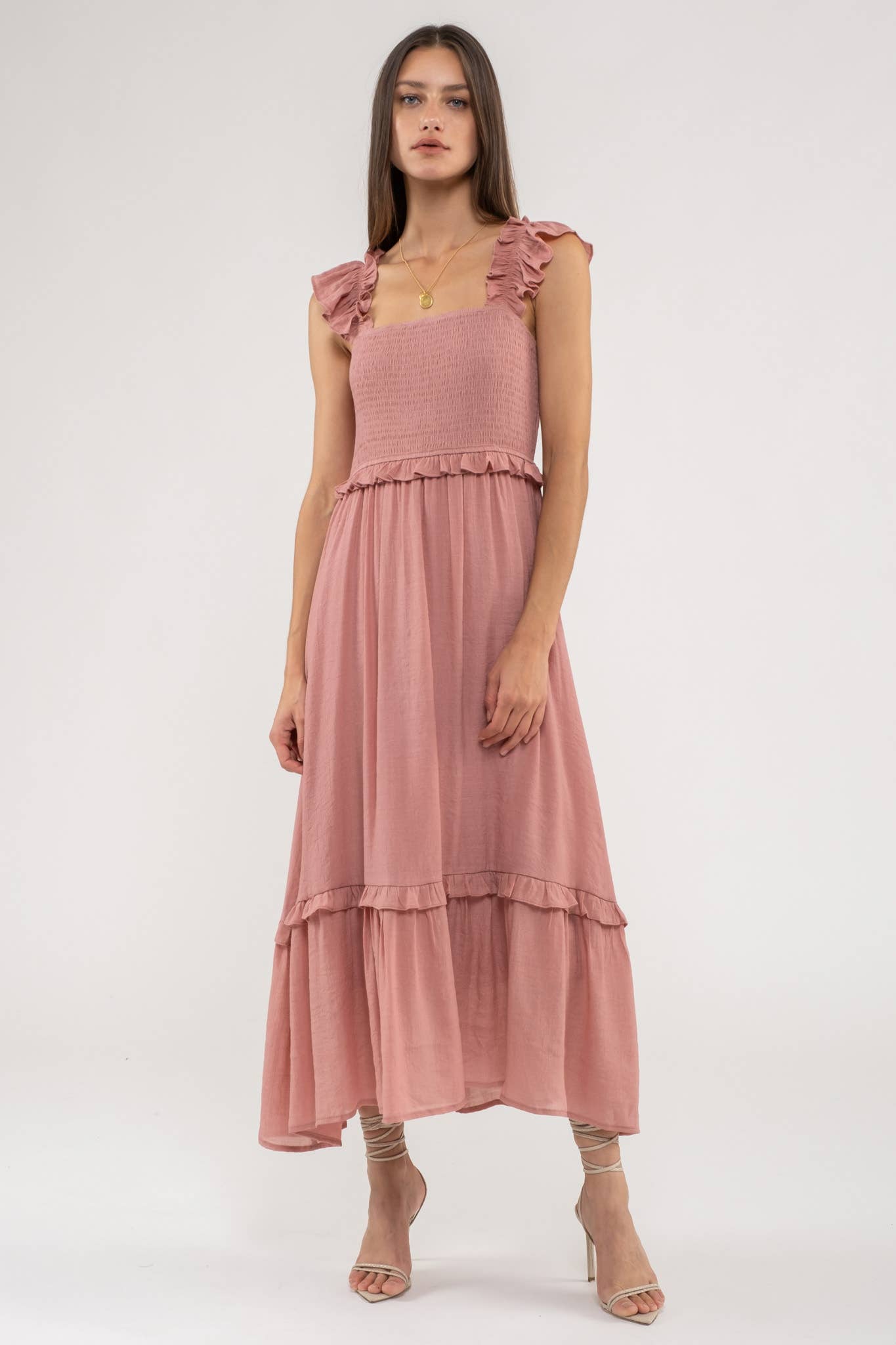 FLUTTER SLEEVE SMOCKED MIDI DRESS
