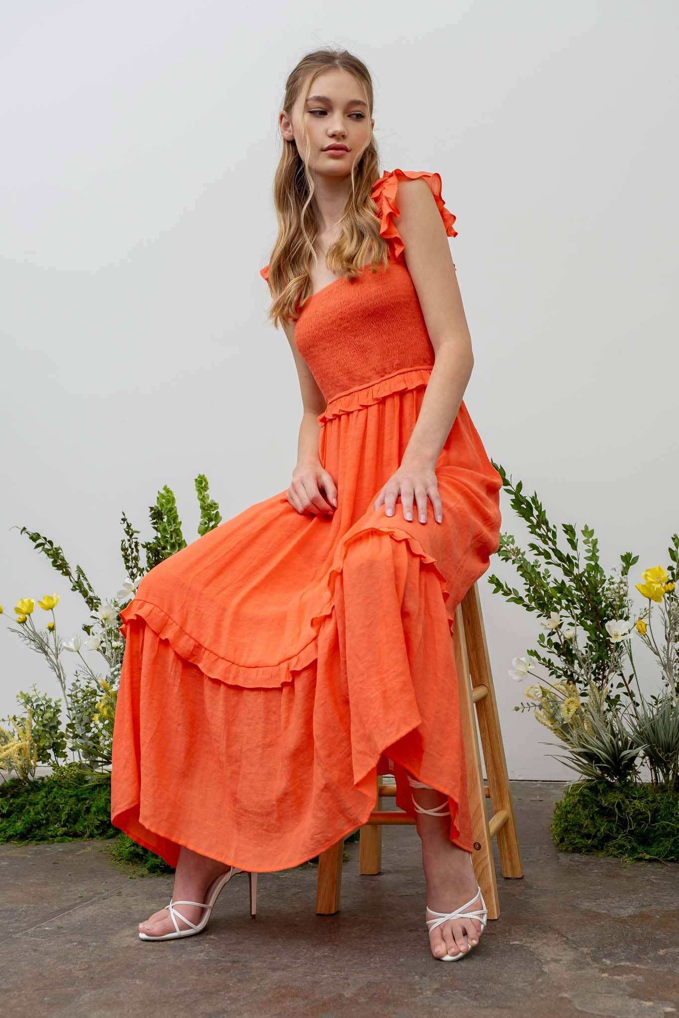 FLUTTER SLEEVE SMOCKED MIDI DRESS