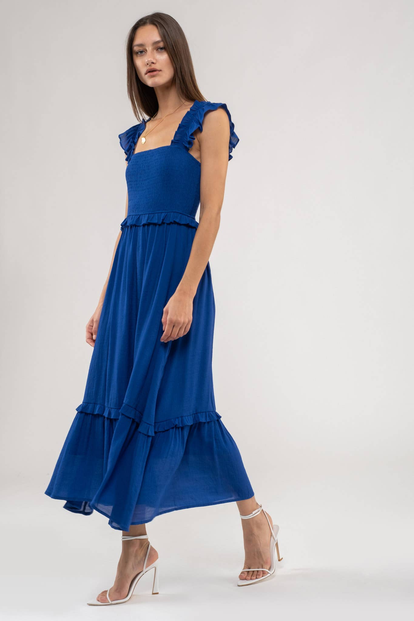 FLUTTER SLEEVE SMOCKED MIDI DRESS