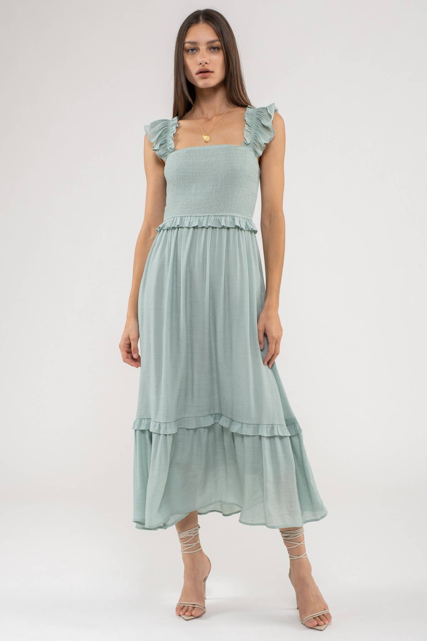 FLUTTER SLEEVE SMOCKED MIDI DRESS