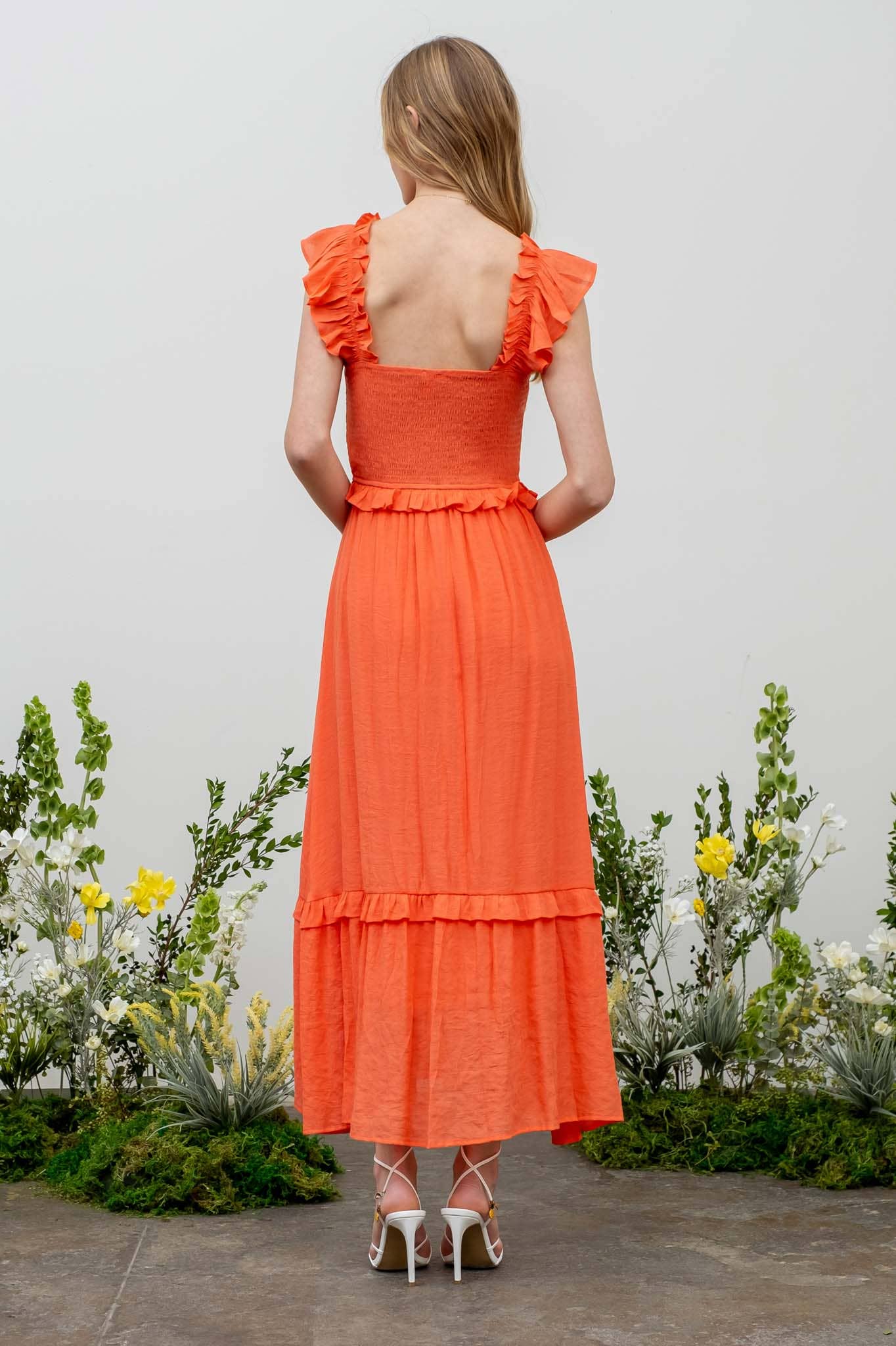 FLUTTER SLEEVE SMOCKED MIDI DRESS
