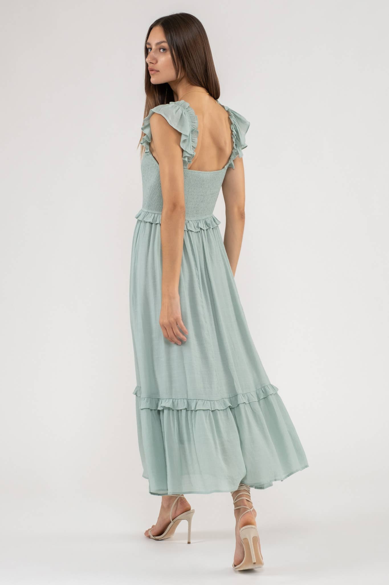 FLUTTER SLEEVE SMOCKED MIDI DRESS