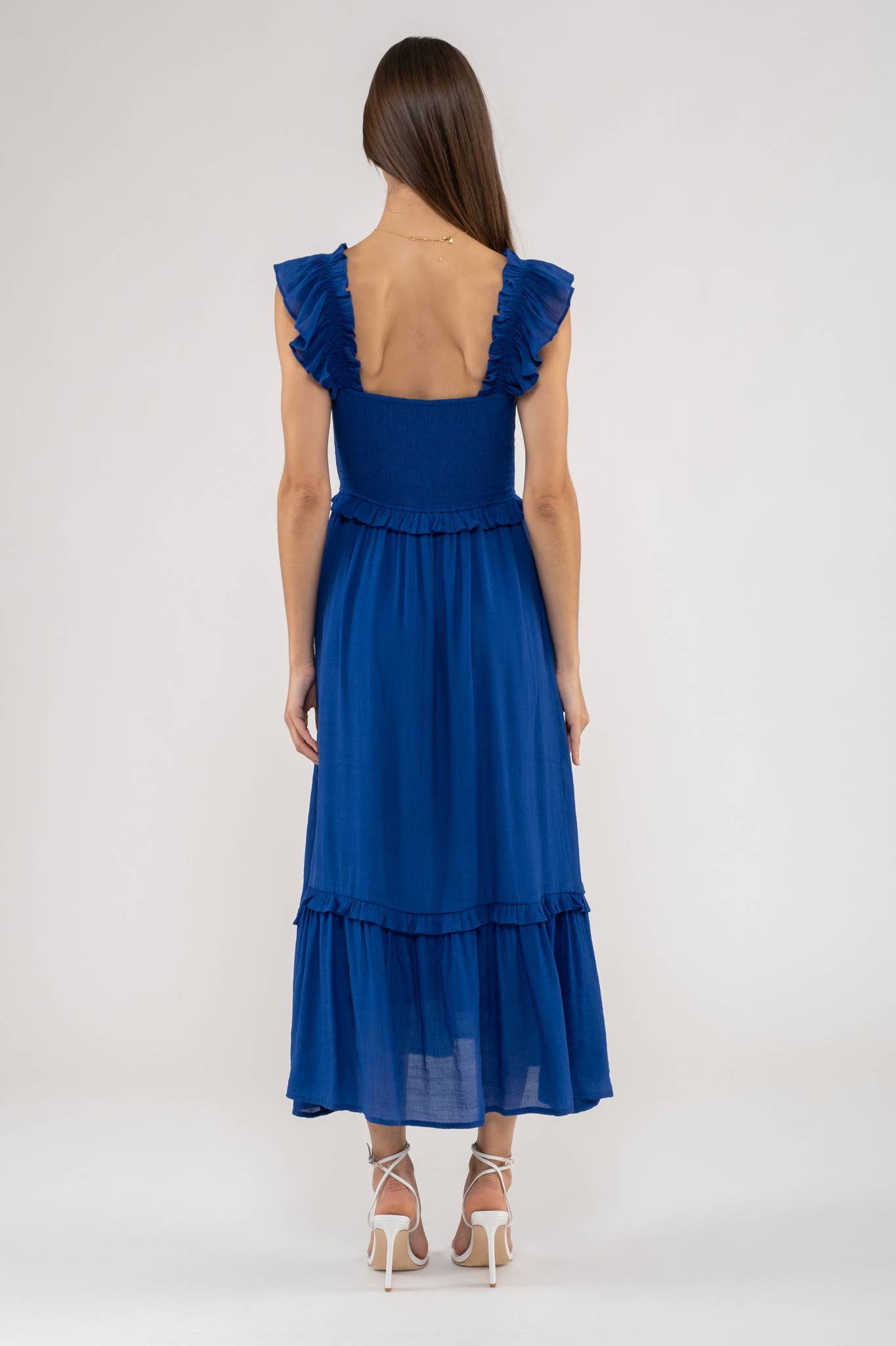 FLUTTER SLEEVE SMOCKED MIDI DRESS