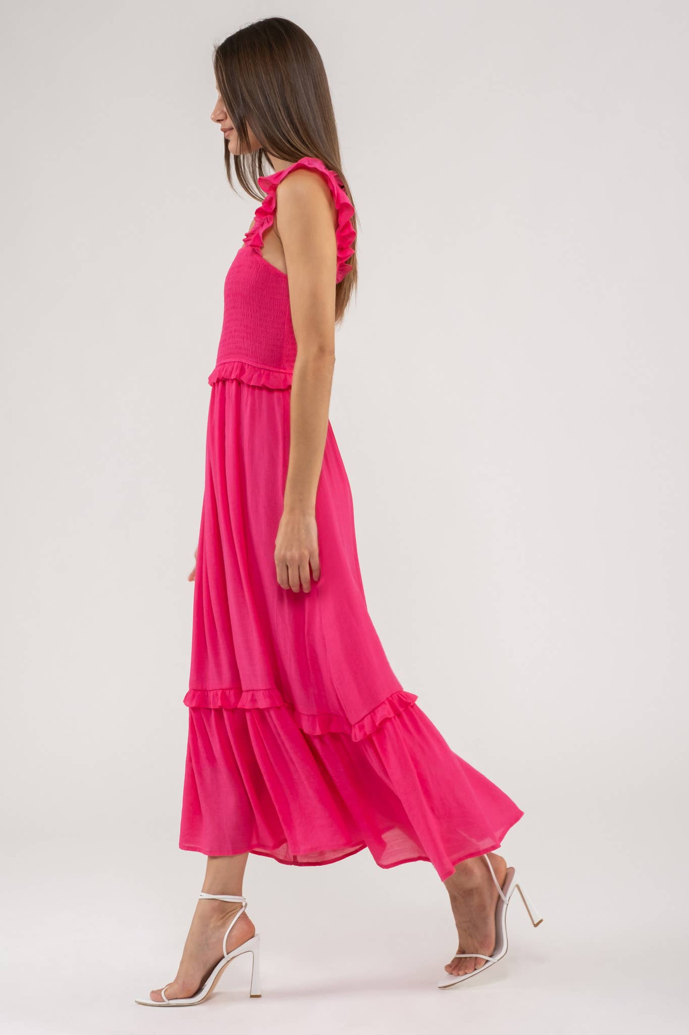FLUTTER SLEEVE SMOCKED MIDI DRESS