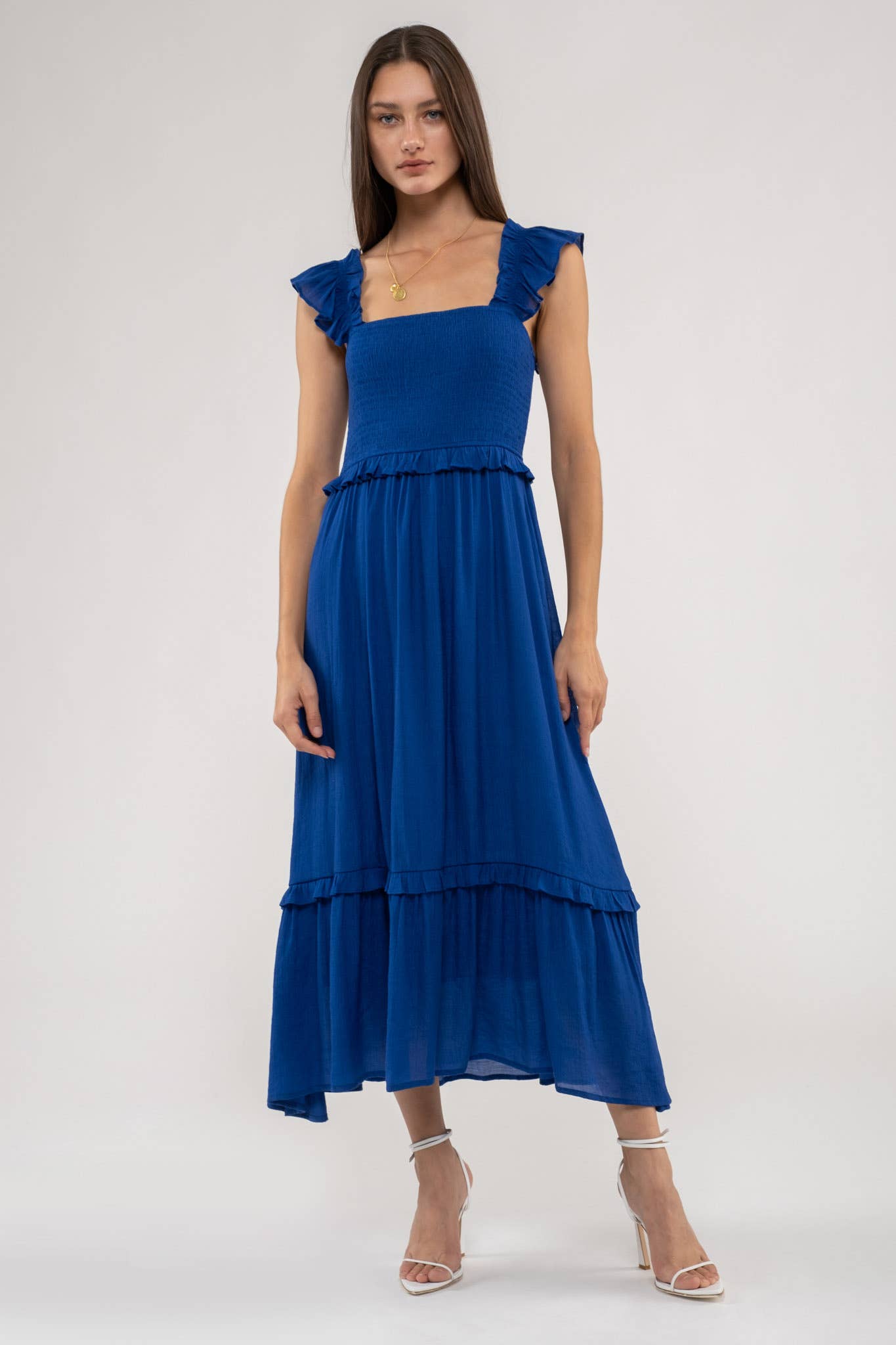 FLUTTER SLEEVE SMOCKED MIDI DRESS
