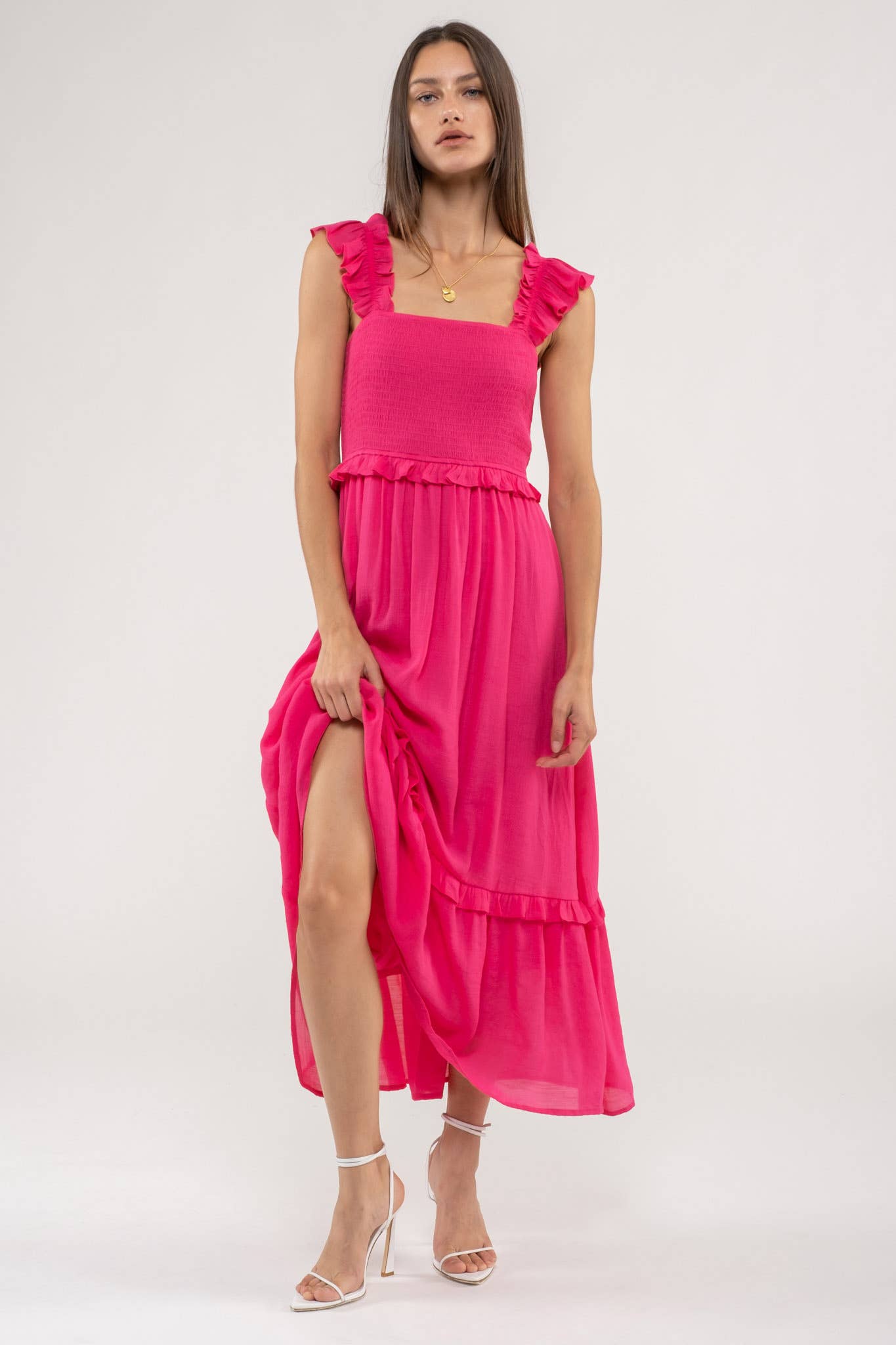 FLUTTER SLEEVE SMOCKED MIDI DRESS