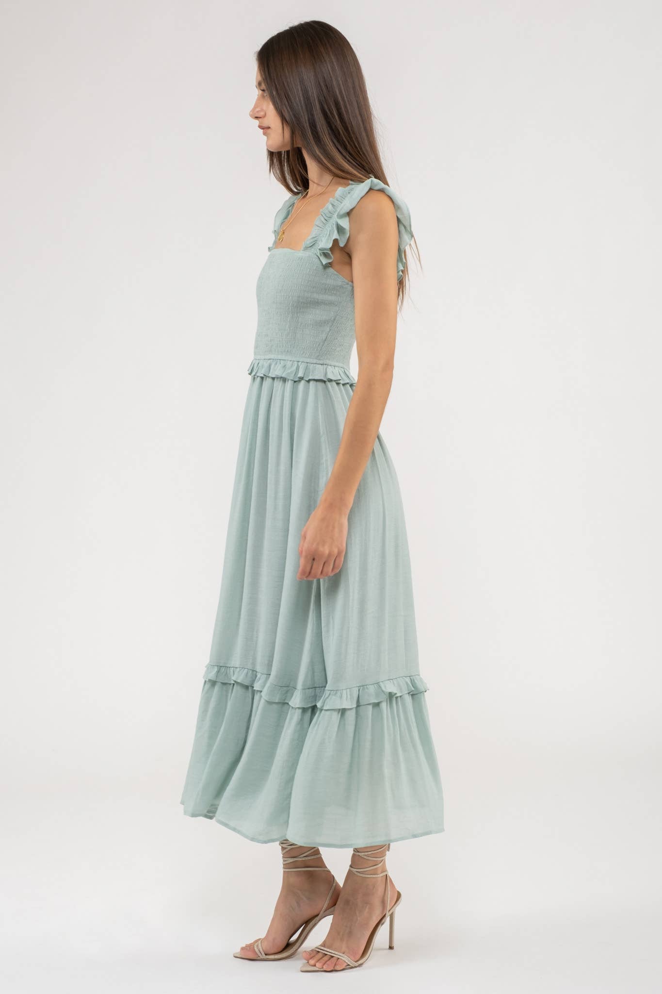 FLUTTER SLEEVE SMOCKED MIDI DRESS