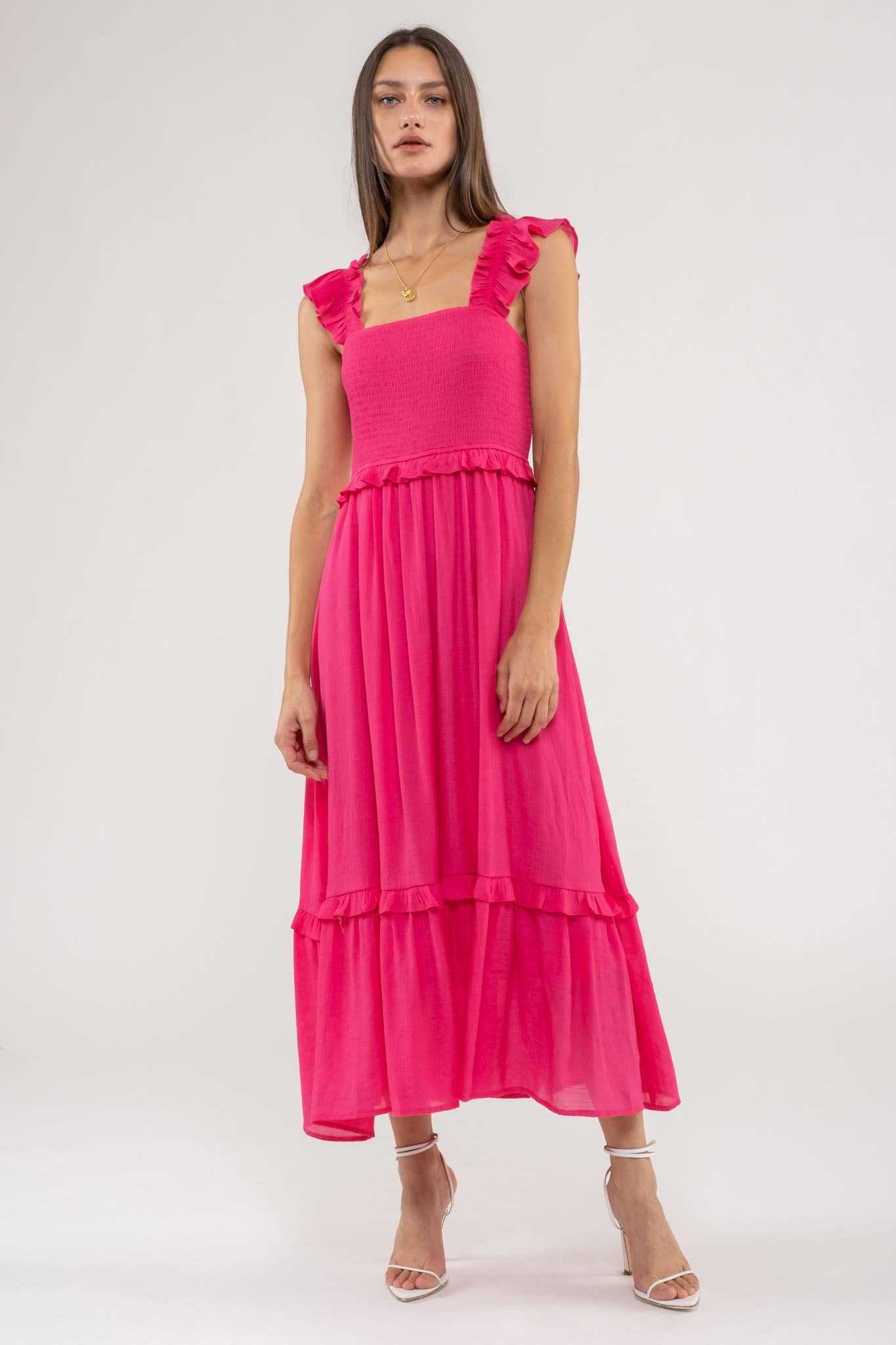 FLUTTER SLEEVE SMOCKED MIDI DRESS