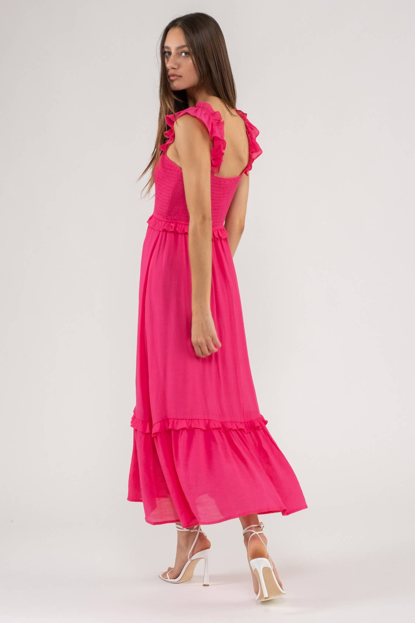 FLUTTER SLEEVE SMOCKED MIDI DRESS