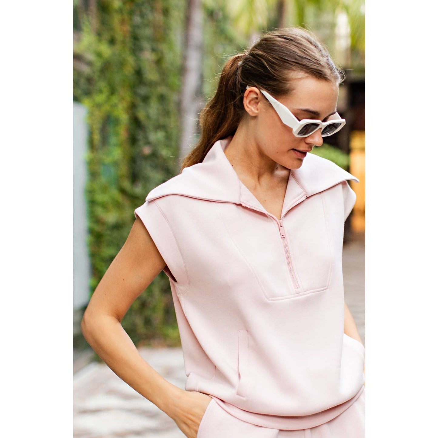 MODAL POLY SPAN SHORT SLEEVE QUARTER ZIP TOP