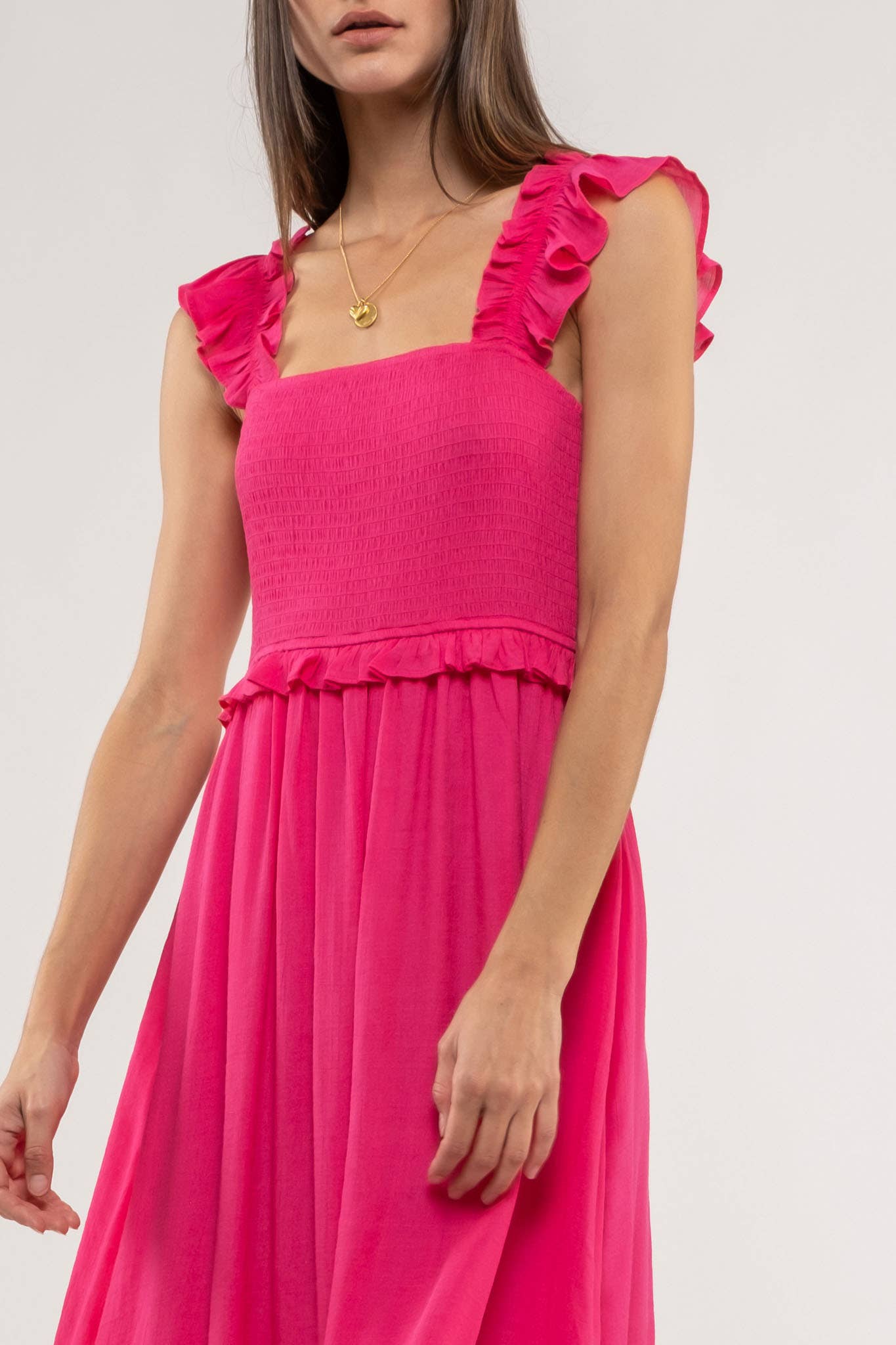 FLUTTER SLEEVE SMOCKED MIDI DRESS