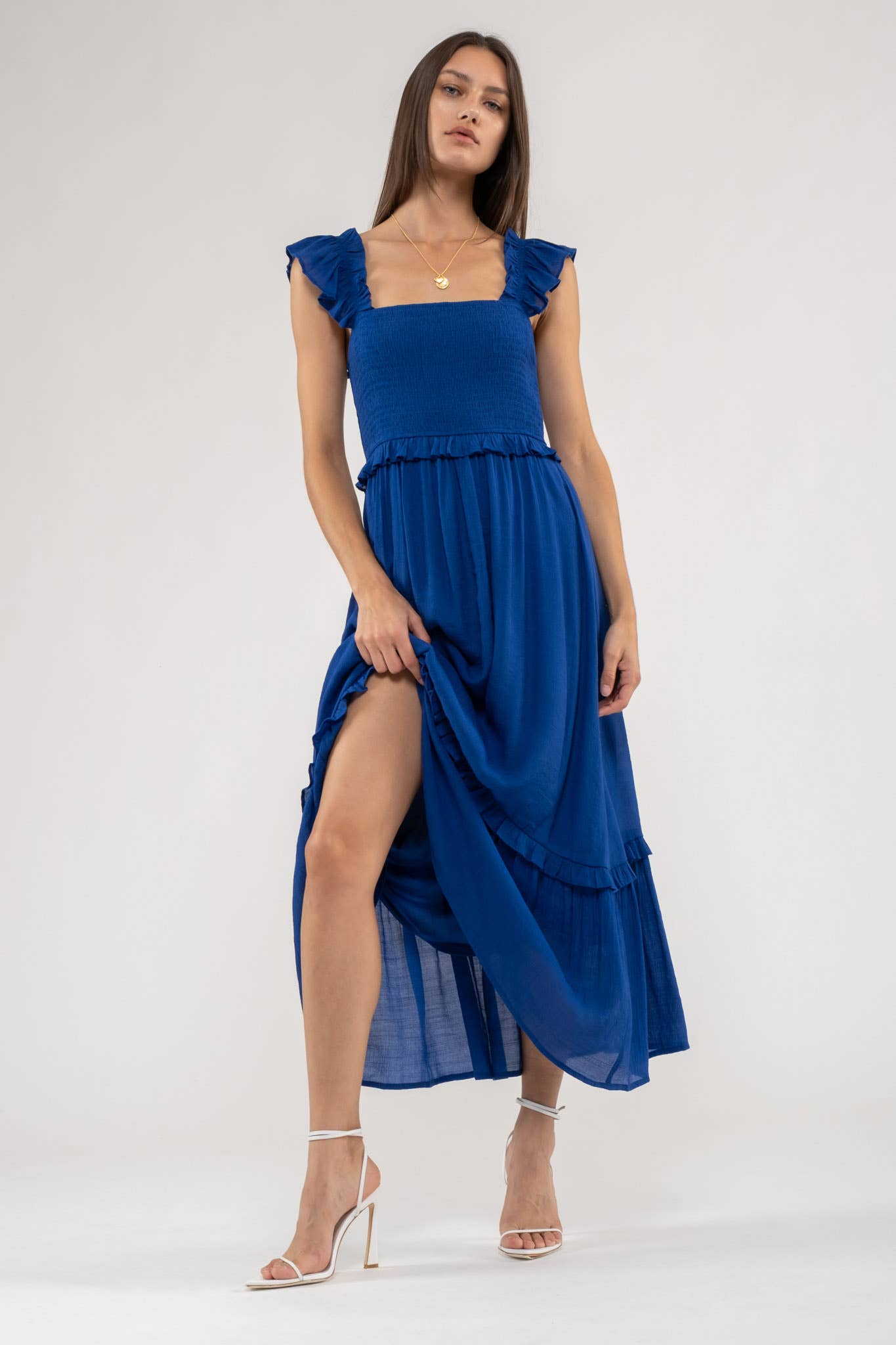 FLUTTER SLEEVE SMOCKED MIDI DRESS