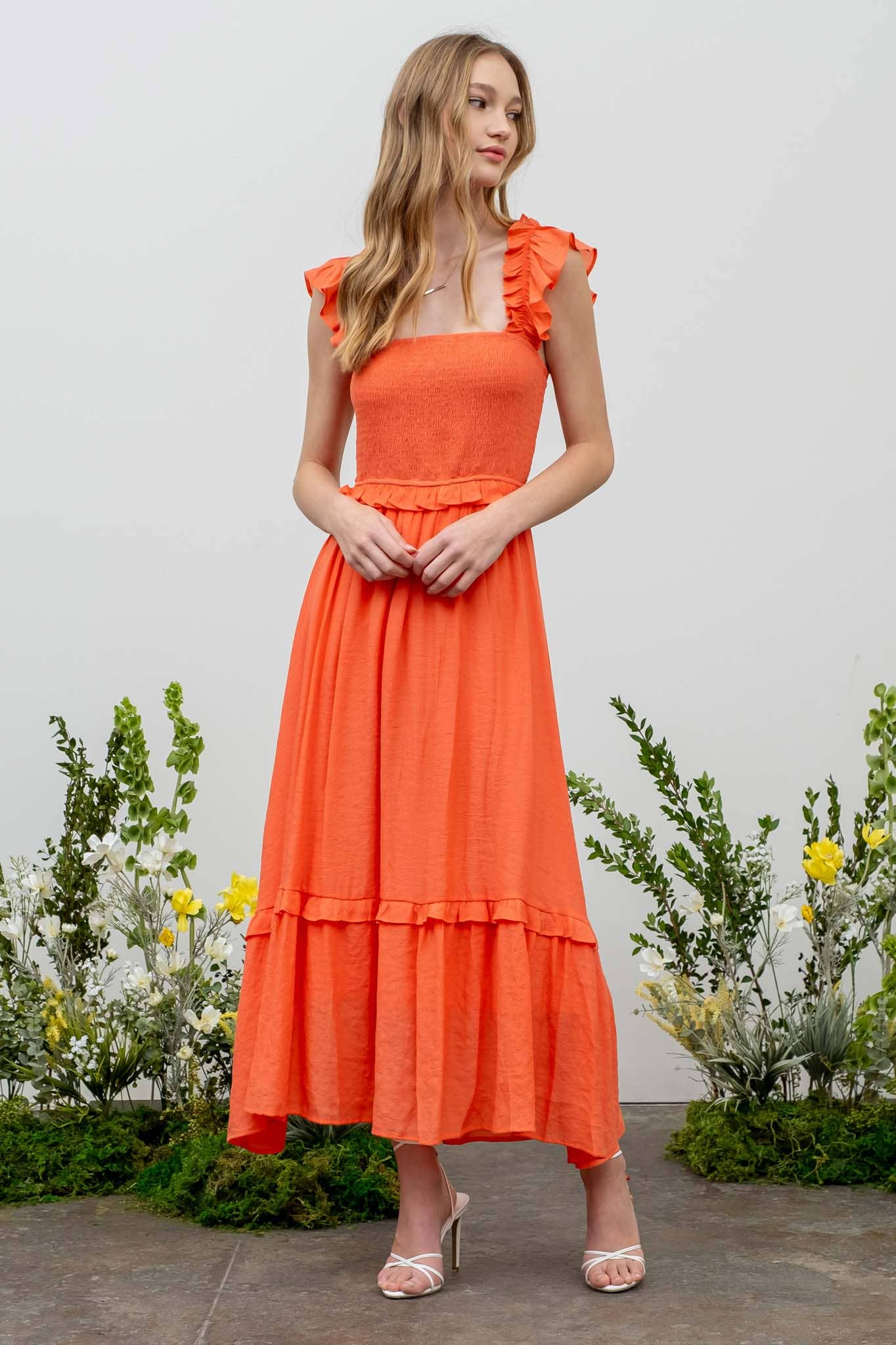 FLUTTER SLEEVE SMOCKED MIDI DRESS