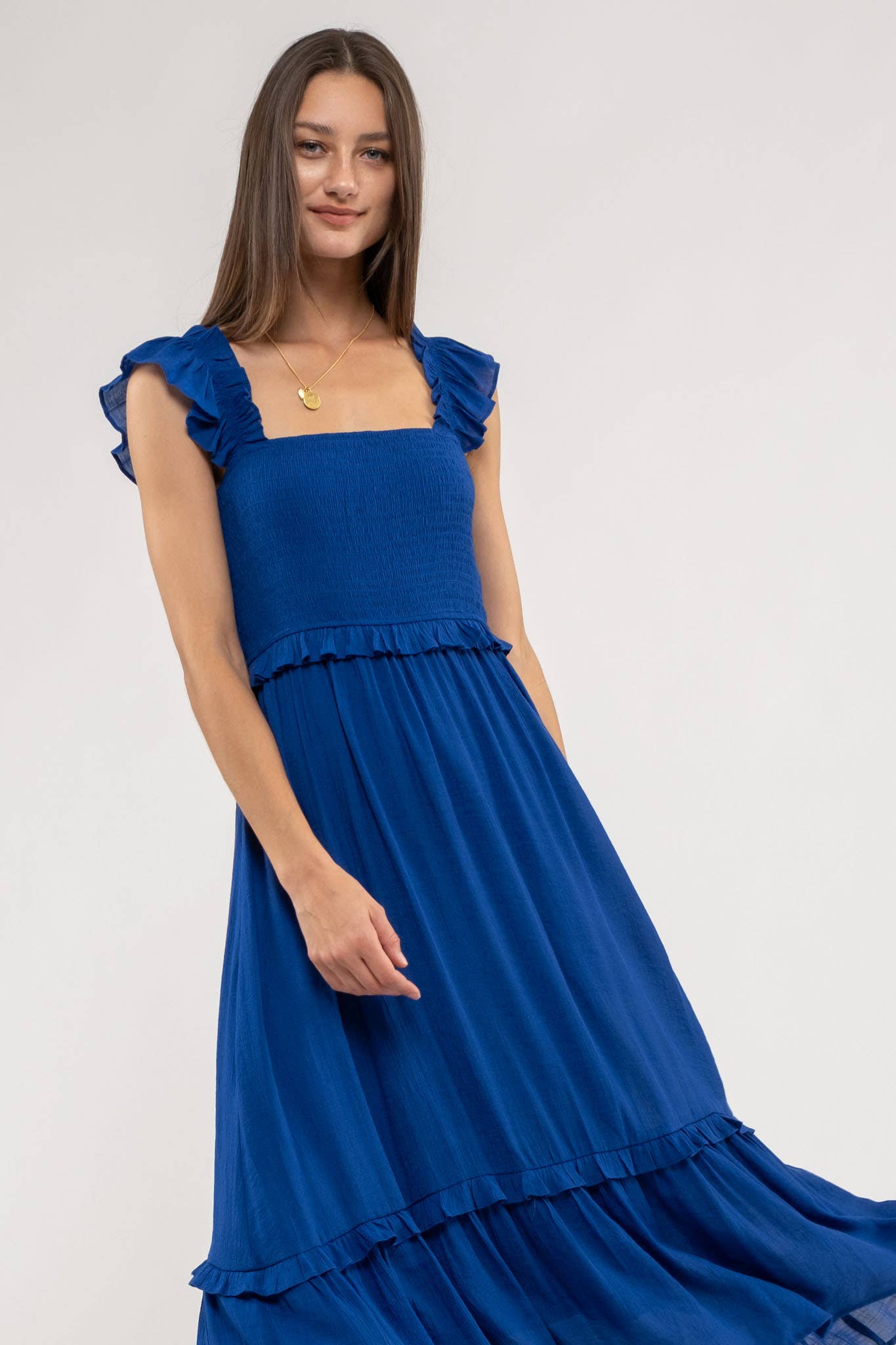FLUTTER SLEEVE SMOCKED MIDI DRESS