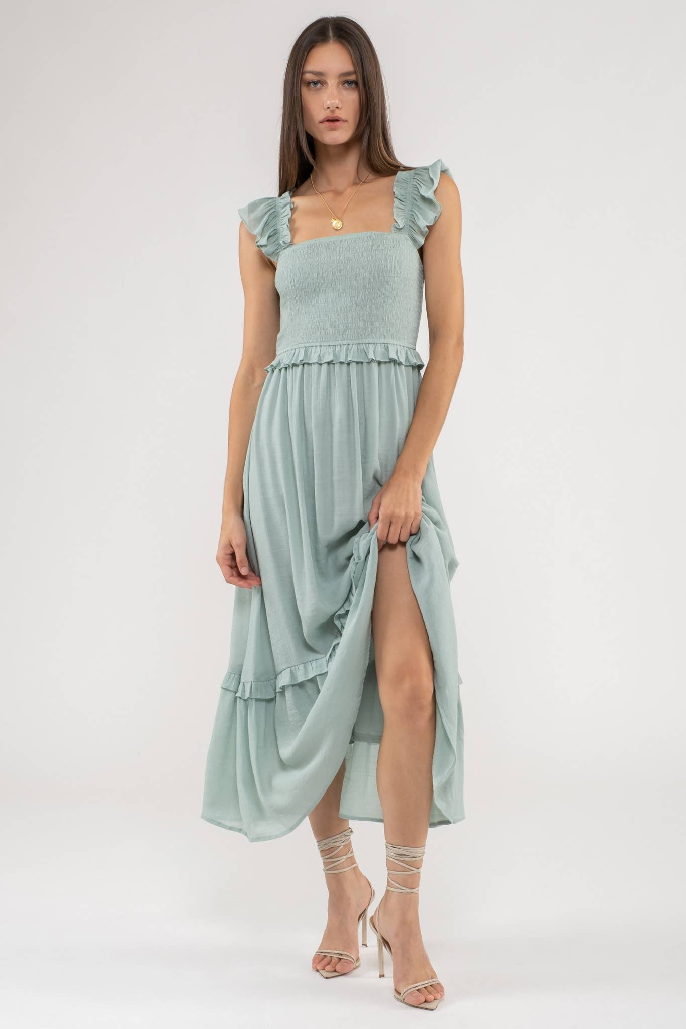 FLUTTER SLEEVE SMOCKED MIDI DRESS