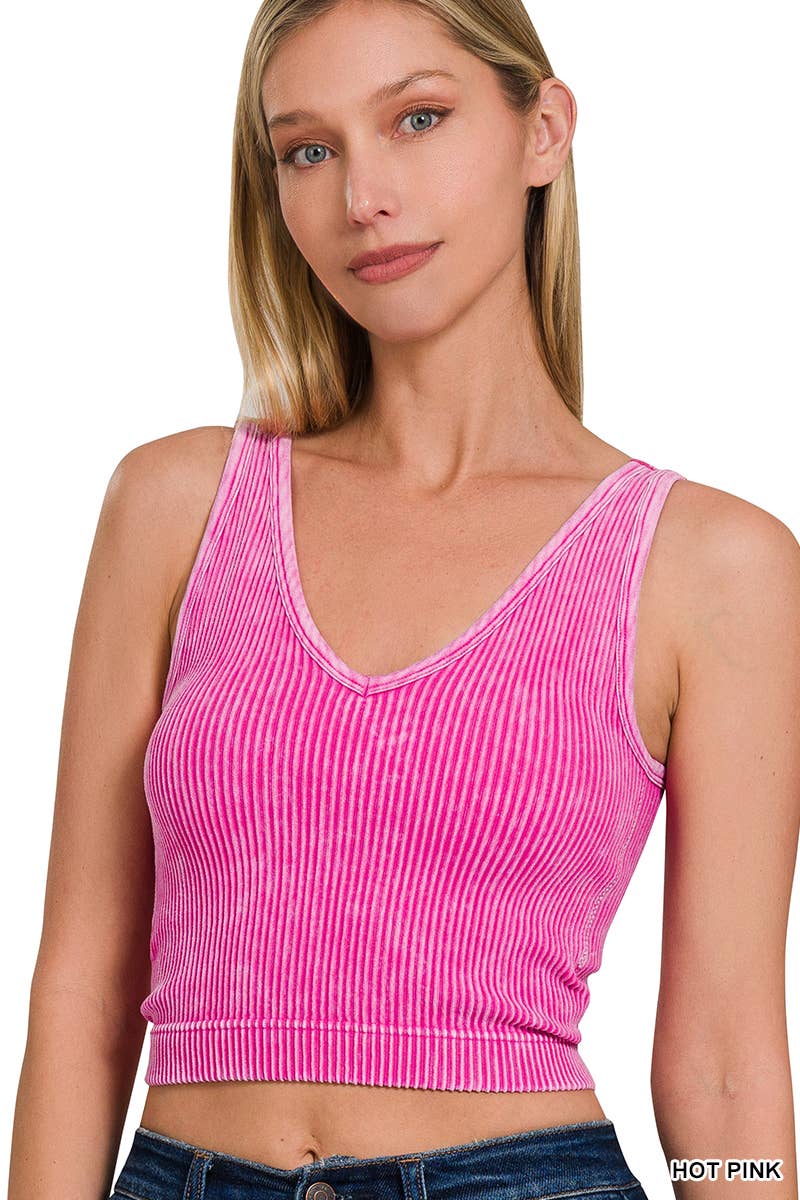 Washed Ribbed Cropped Bra Padded V-neck Tank Top